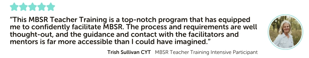MBSR Teacher Training Intensive Program Testimonial: “This MBSR Teacher Training is a top-notch program that has equipped me to confidently facilitate MBSR. The process and requirements are well thought-out, and the guidance and contact with the facilitators and mentors is far more accessible than I could have imagined.”